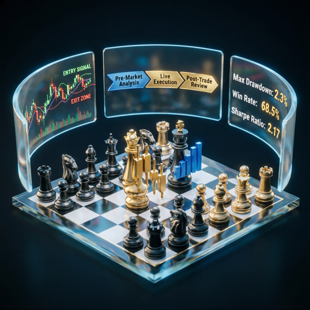 Trading strategy visualization with chess pieces representing strategic planning for prop firm challenges