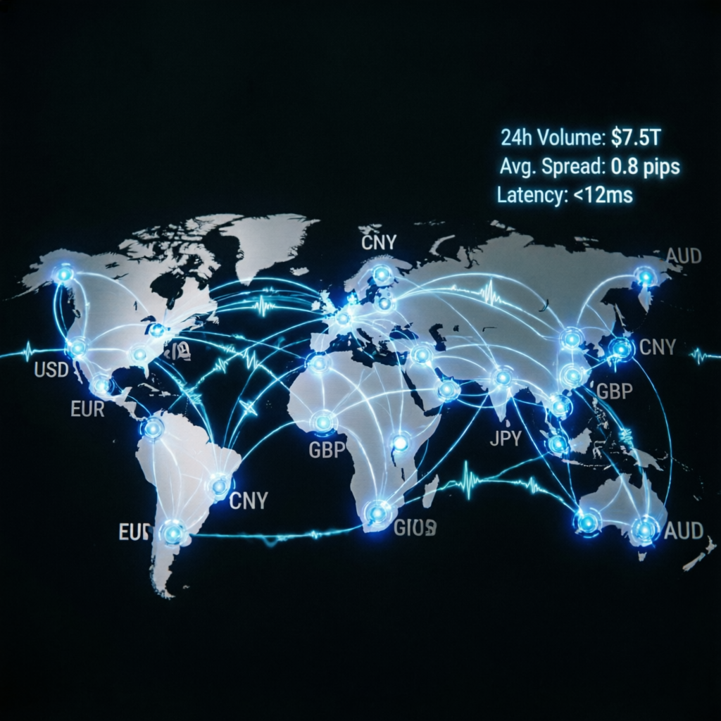 Global forex market visualization showing worldwide trading networks