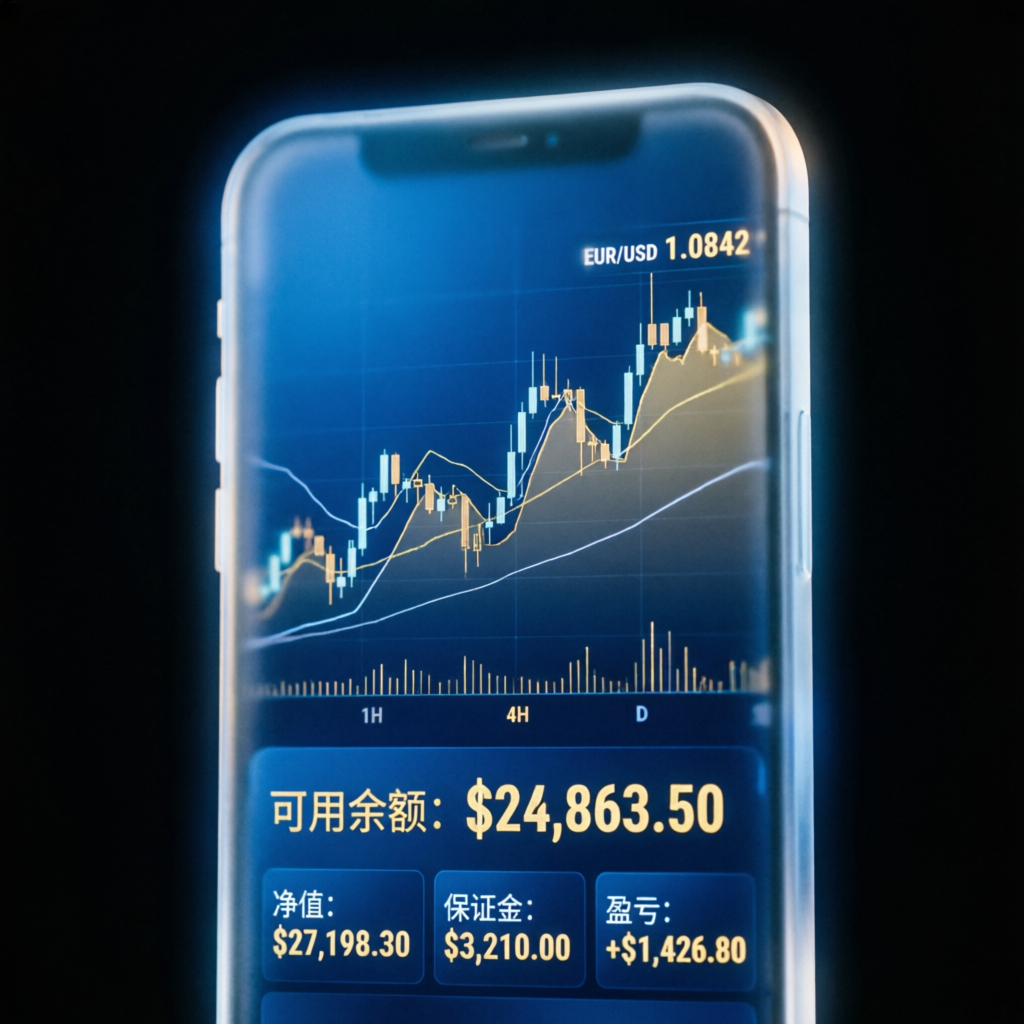 Mobile trading app showing forex charts and account balance