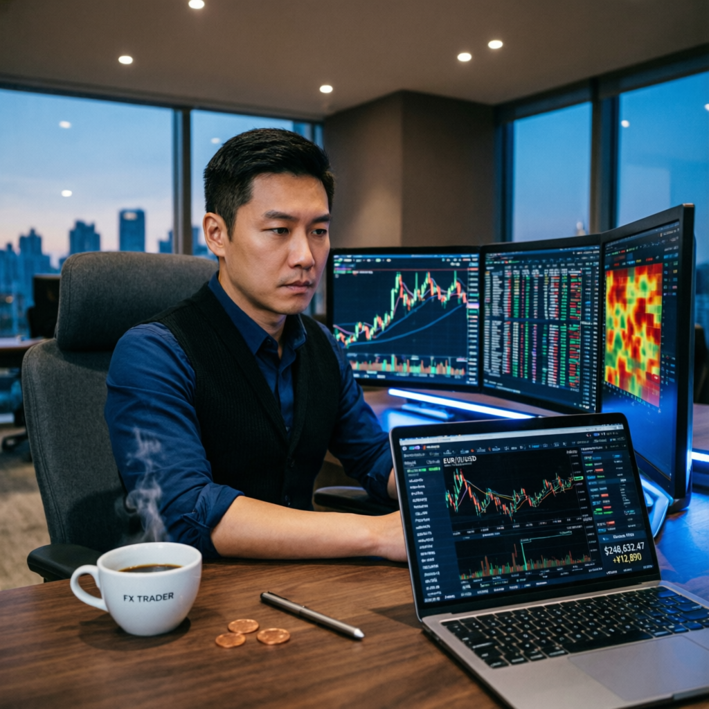 Professional trader workspace with multiple monitors showing trading platforms