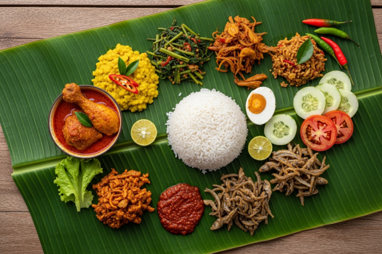 Banana leaf rice spread with curries and sides