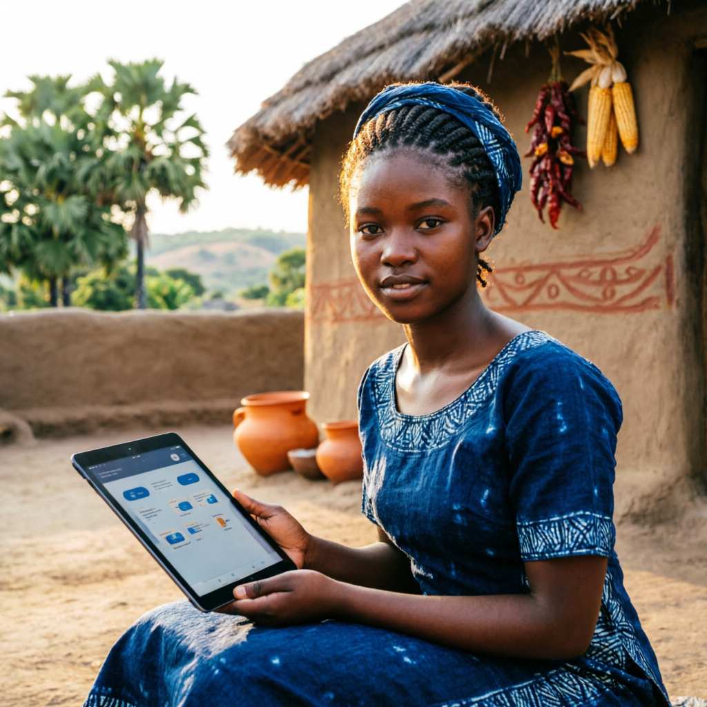 Jeune femme utilisant une tablette dans un cadre rural au Bénin