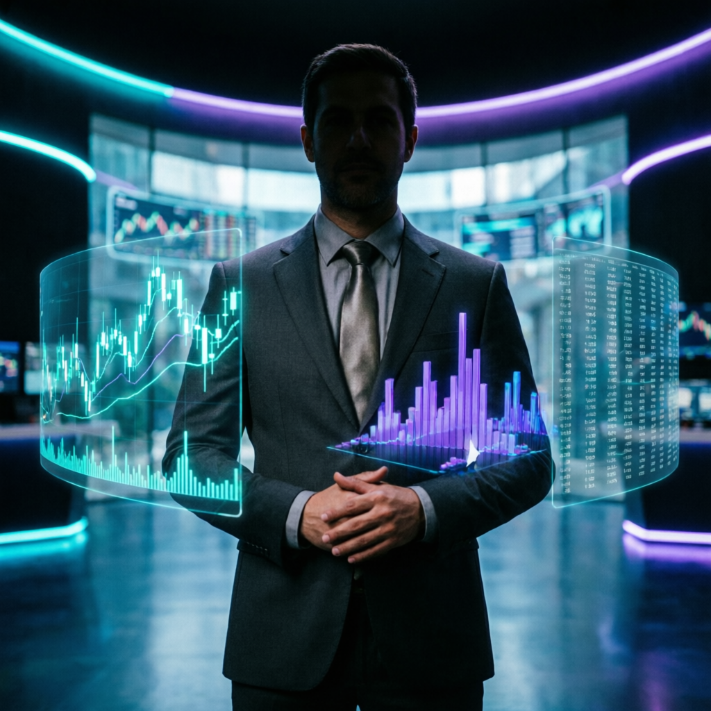 Professional trader with AI holographic interface analyzing Topstep statistics