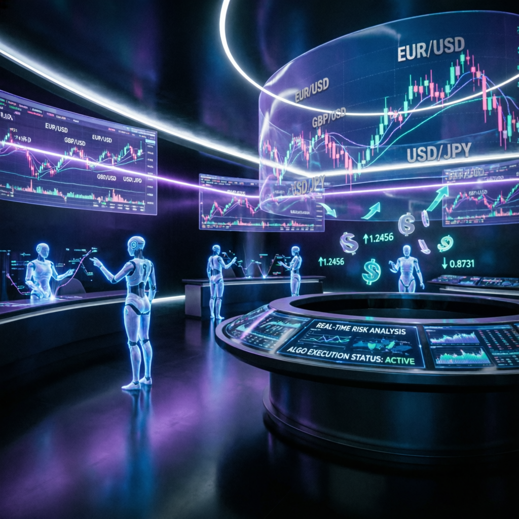Futuristic forex trading floor with multiple screens