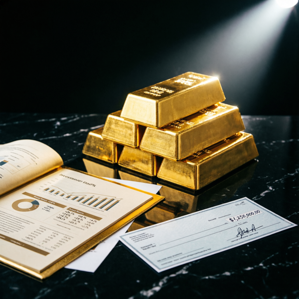 Gold bars and financial documents showing investment returns