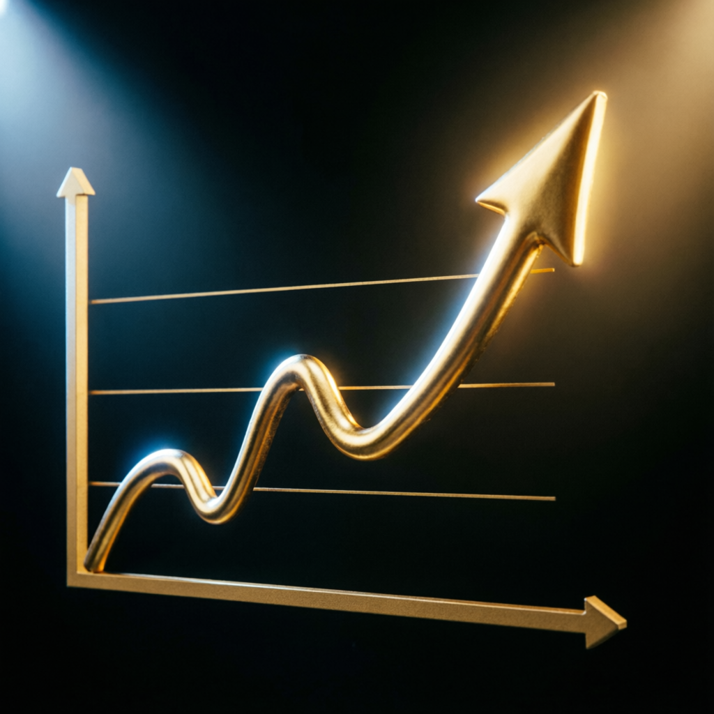 Golden growth chart arrow pointing upward