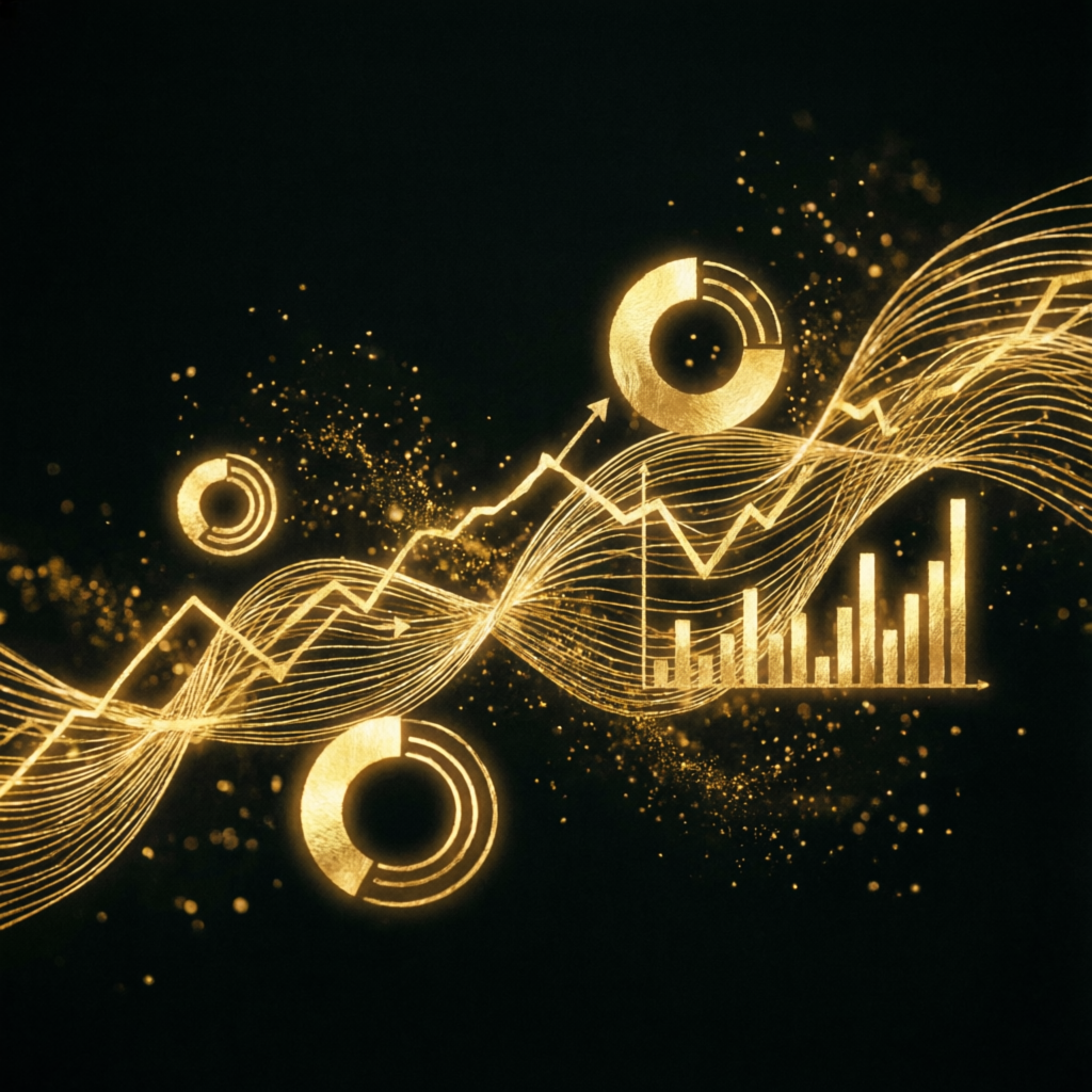 Golden financial data visualization showing growth