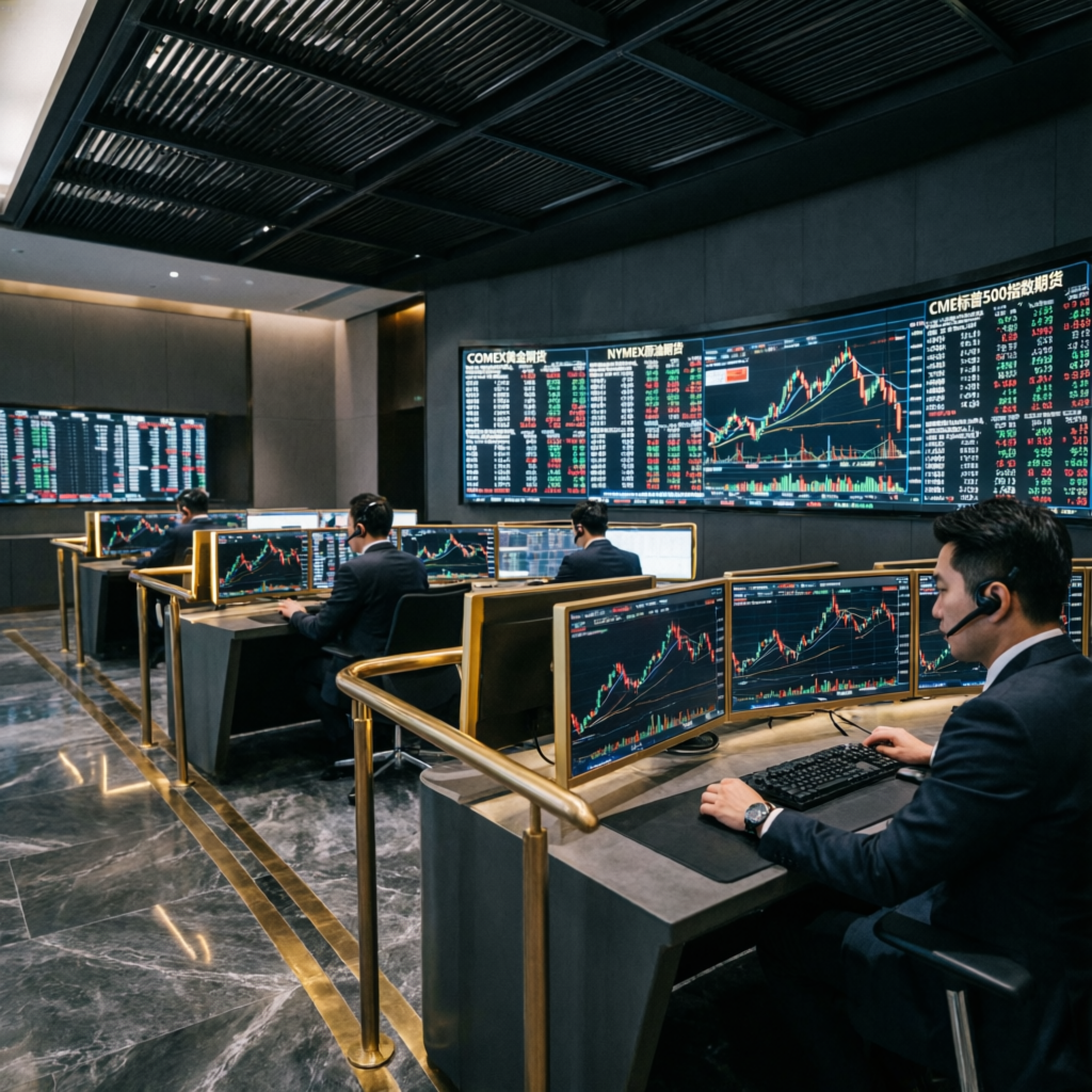 Professional trading floor with multiple screens