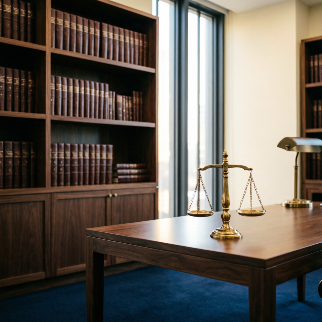 Nassociates chambers — law library with the scales of justice