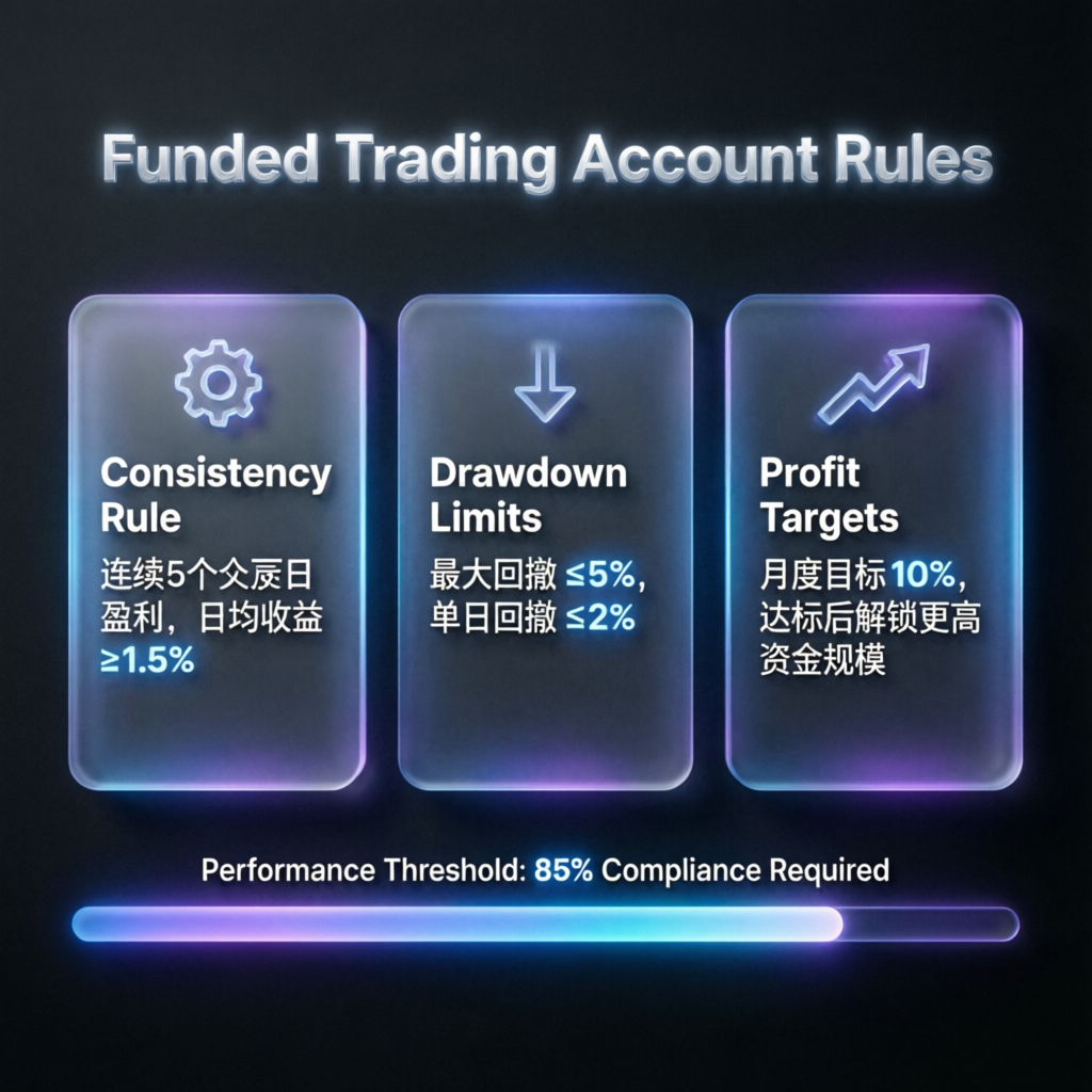 Funded trading account rules showing consistency rule, drawdown limits, and profit targets