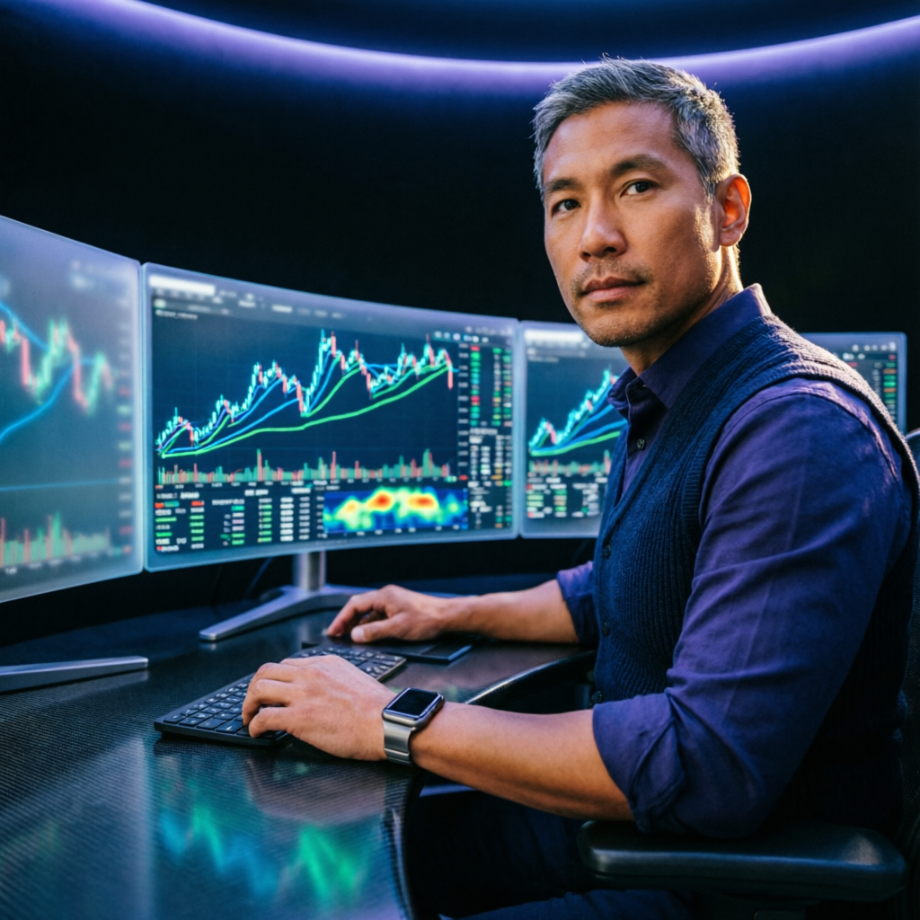Professional trader managing Apex funded account with multi-monitor setup