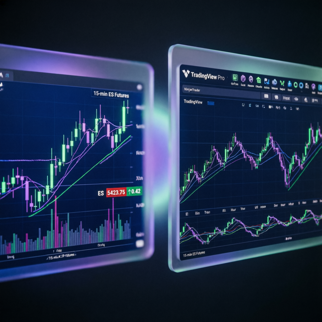 NinjaTrader and TradingView platforms showing futures trading charts