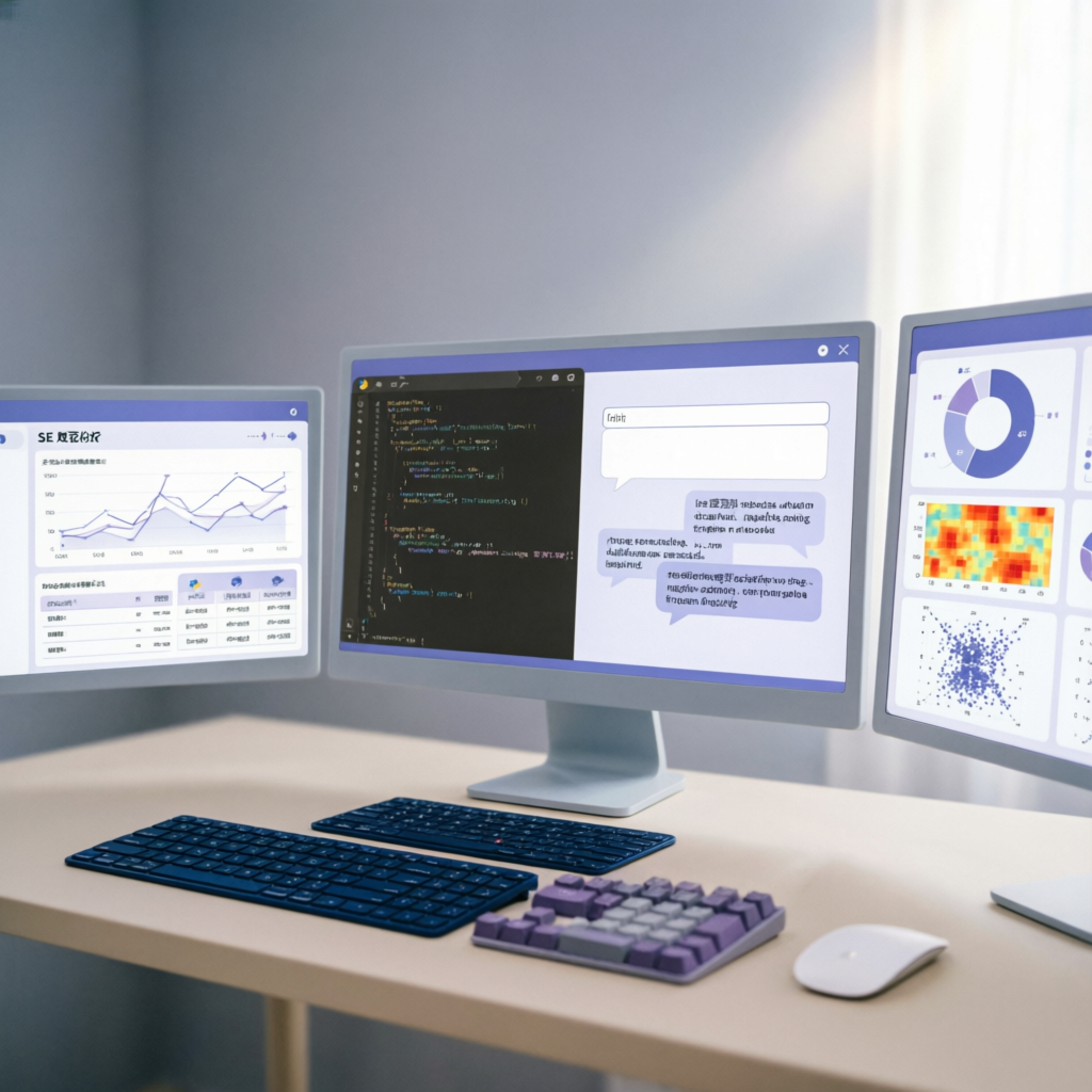 Рабочее пространство SEO-специалиста с несколькими мониторами, отображающими аналитические панели, код и чат-интерфейсы нейросетей