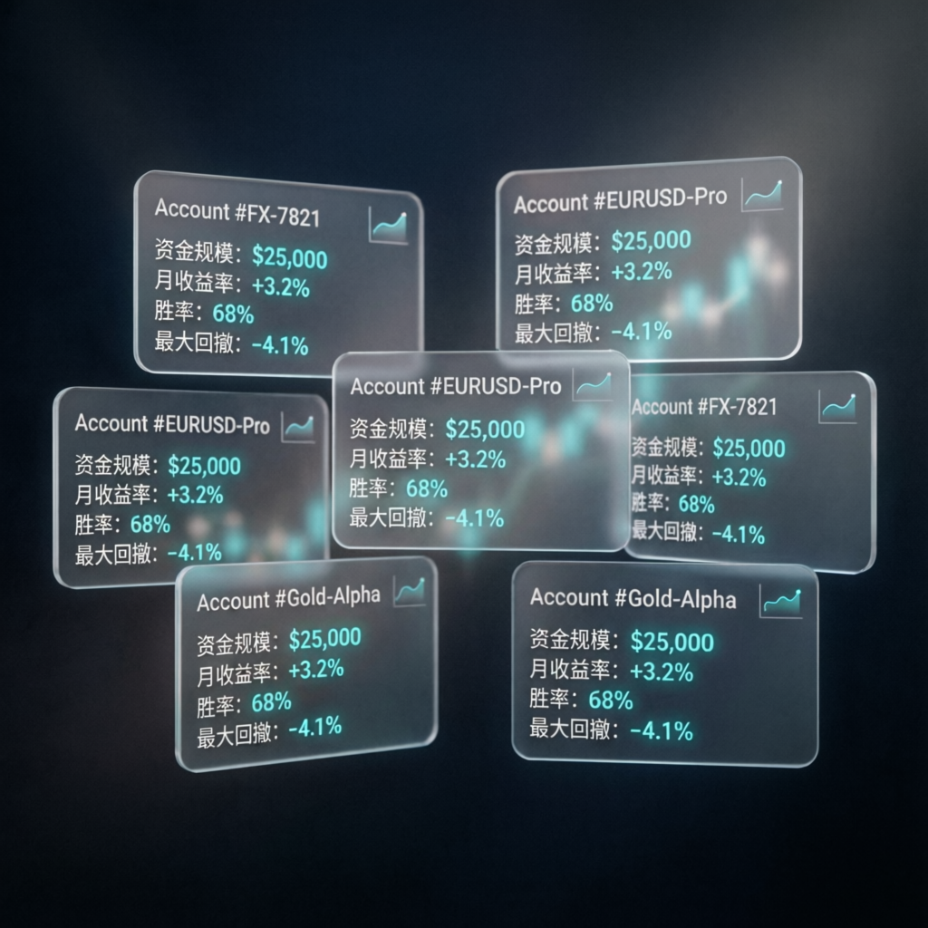 Multiple funded accounts displayed in glassmorphism cards showing performance metrics