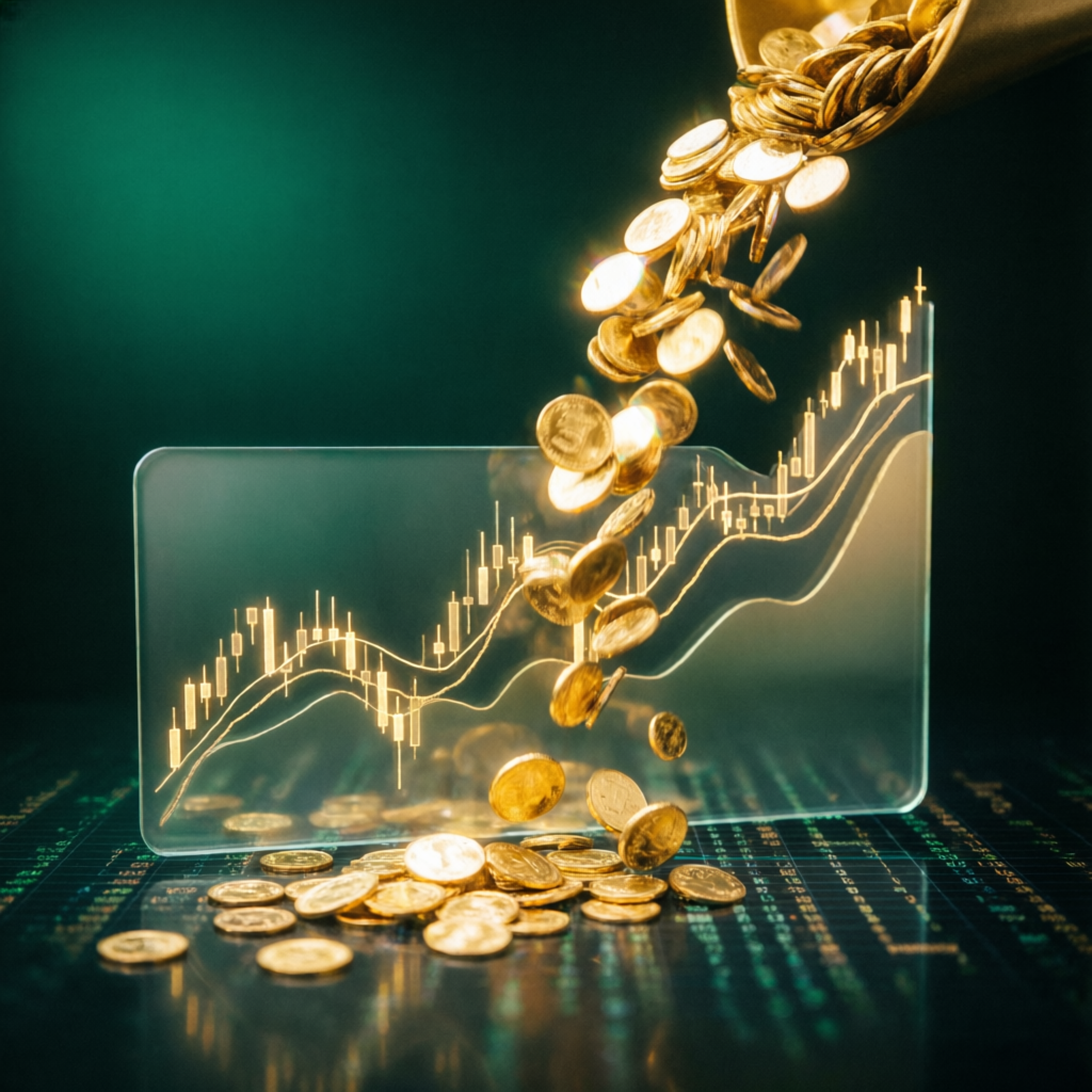 Profit payout success with golden coins flowing from trading chart