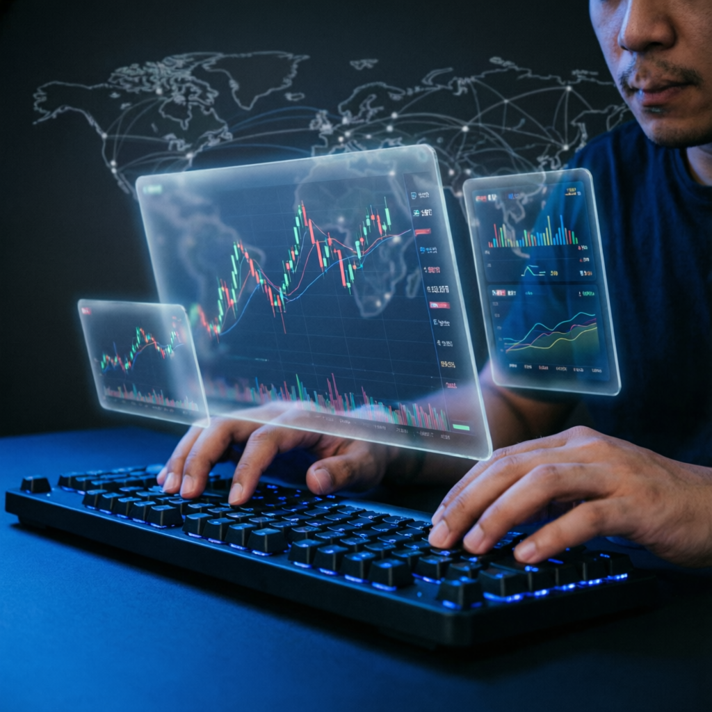 Professional funded account management with holographic trading charts
