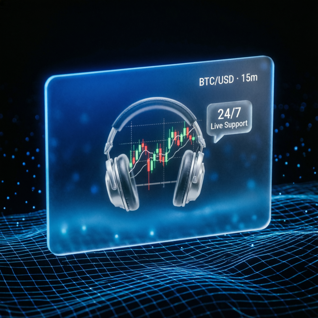 24/7 customer support service with headset and trading charts