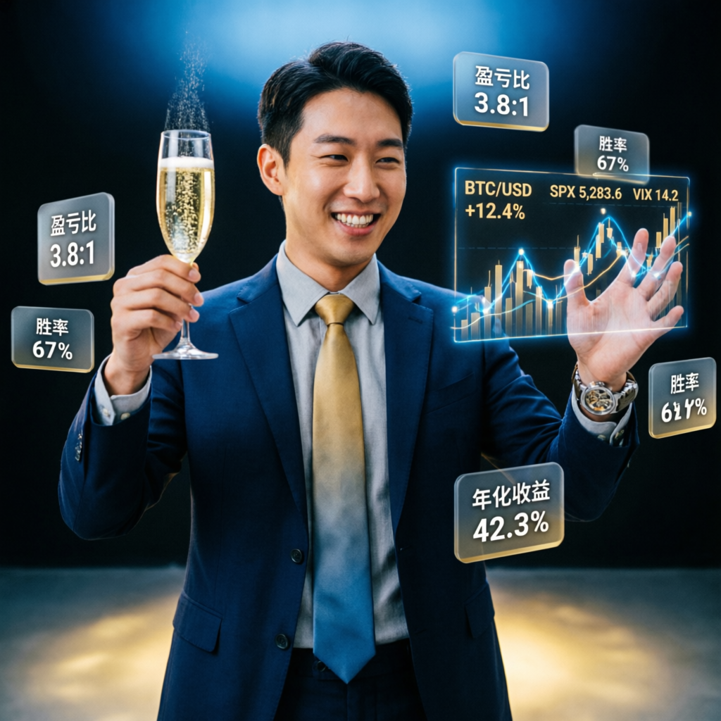 Professional trader celebrating success with trading profits and holographic charts