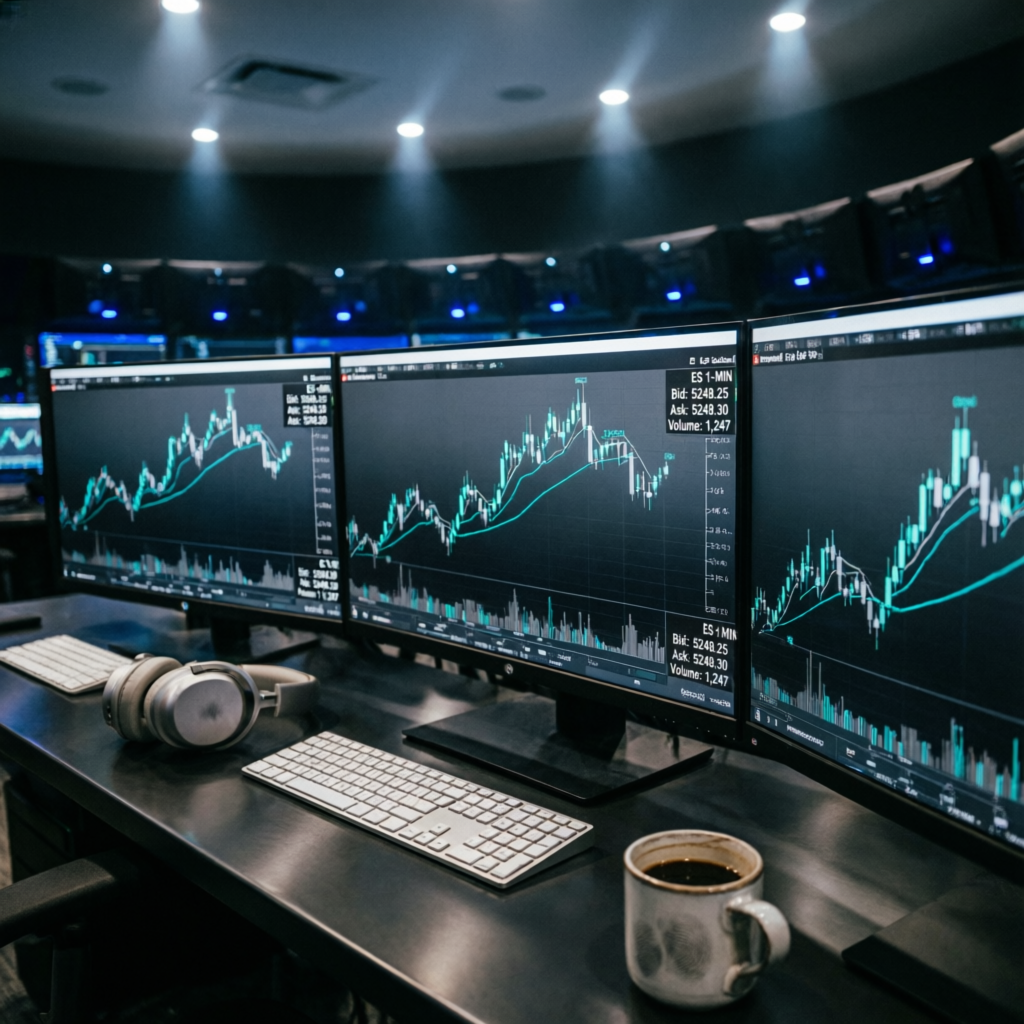 Futures trading analysis workspace with multiple monitors showing charts