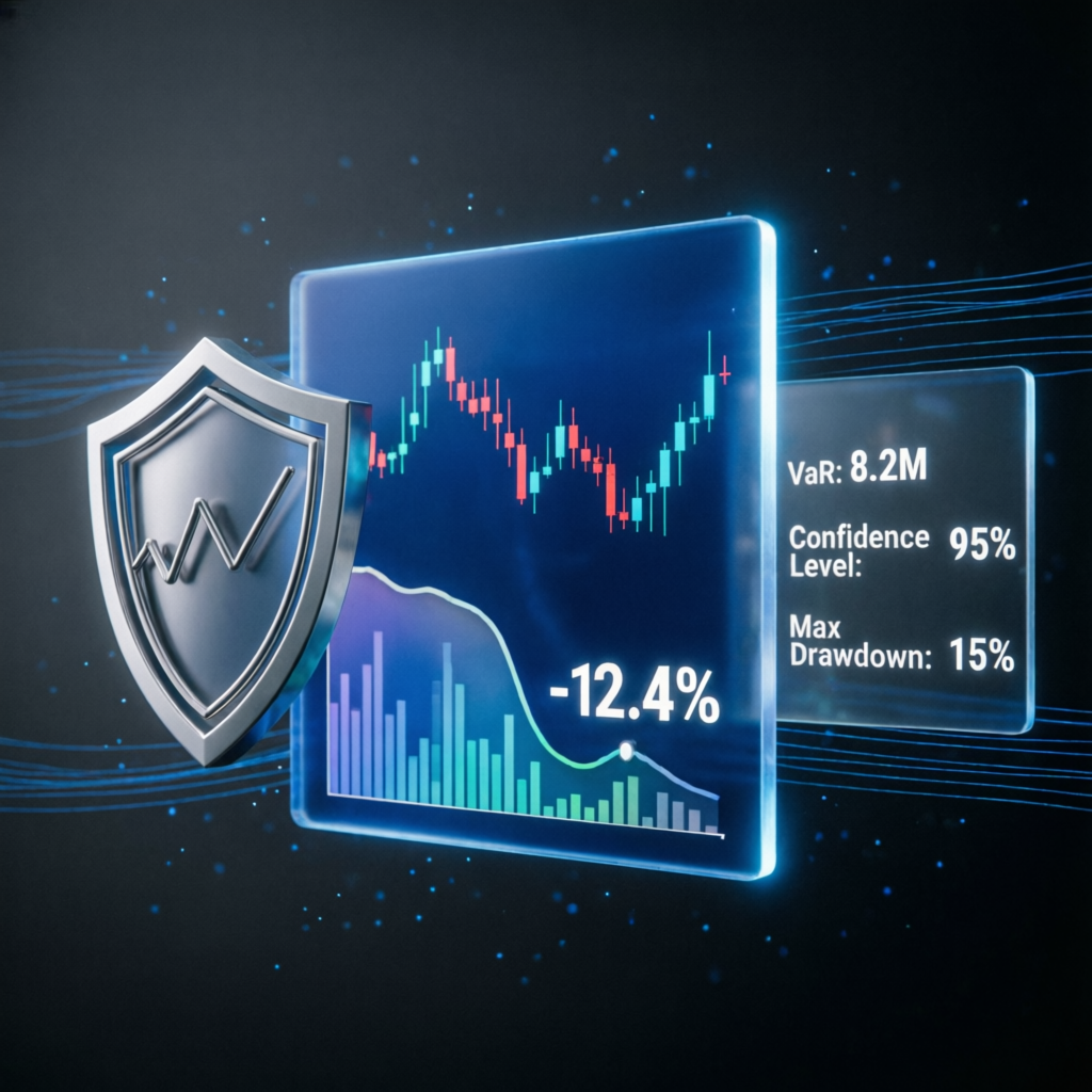 Risk management shield protecting trading chart with drawdown visualization