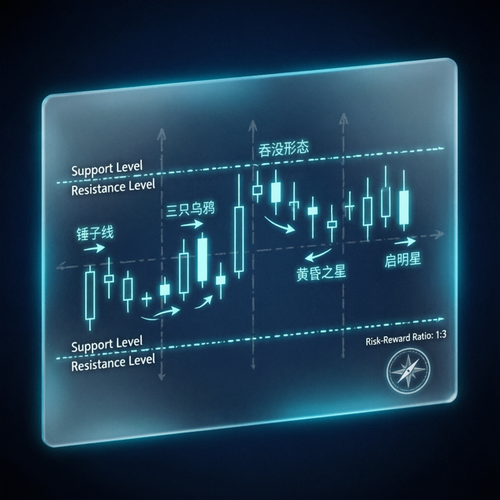 Trading strategy blueprint with technical analysis patterns on glassmorphism board