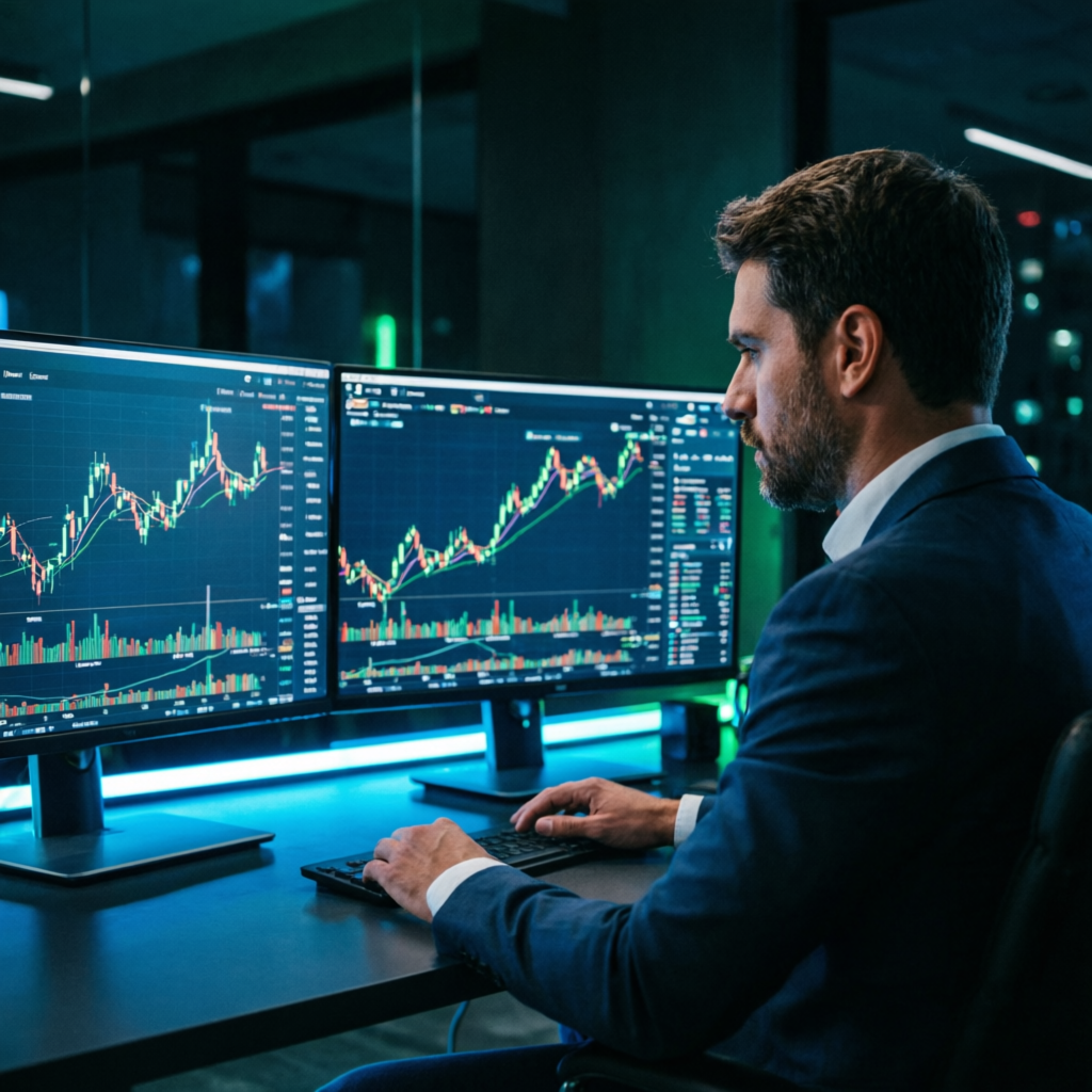 Professional forex trader analyzing Apex Trader Funding charts on multiple monitors