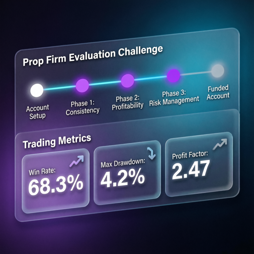 Prop firm evaluation challenge progress dashboard with trading metrics