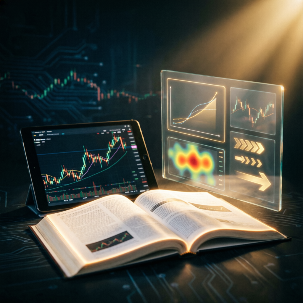 Trading education materials with tablet showing charts and holographic displays