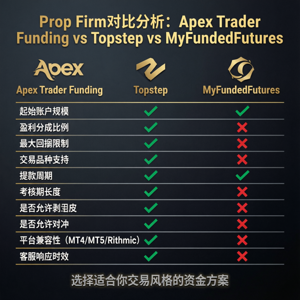 Prop firm comparison analysis showing Apex Trader Funding vs Topstep vs MyFundedFutures features