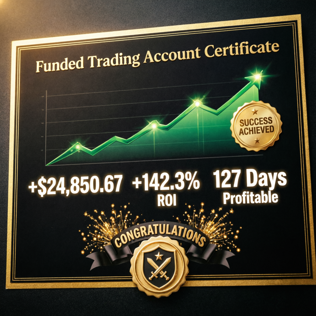 Funded trading account certificate showing success achievement with profit metrics and ROI