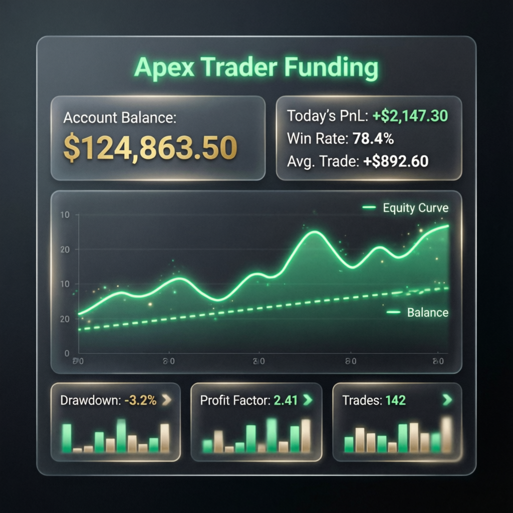 Apex Trader Funding dashboard showing account balance, PnL, win rate and equity curve analytics