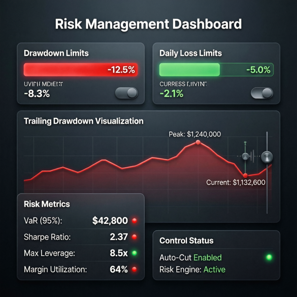 Risk management dashboard showing drawdown limits, trailing drawdown visualization and risk metrics