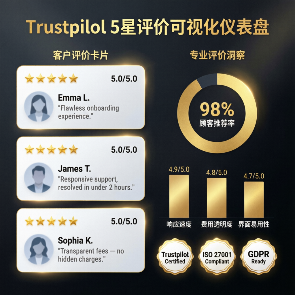 Trustpilot 5-star review visualization showing customer testimonials and ratings for prop firm passing service