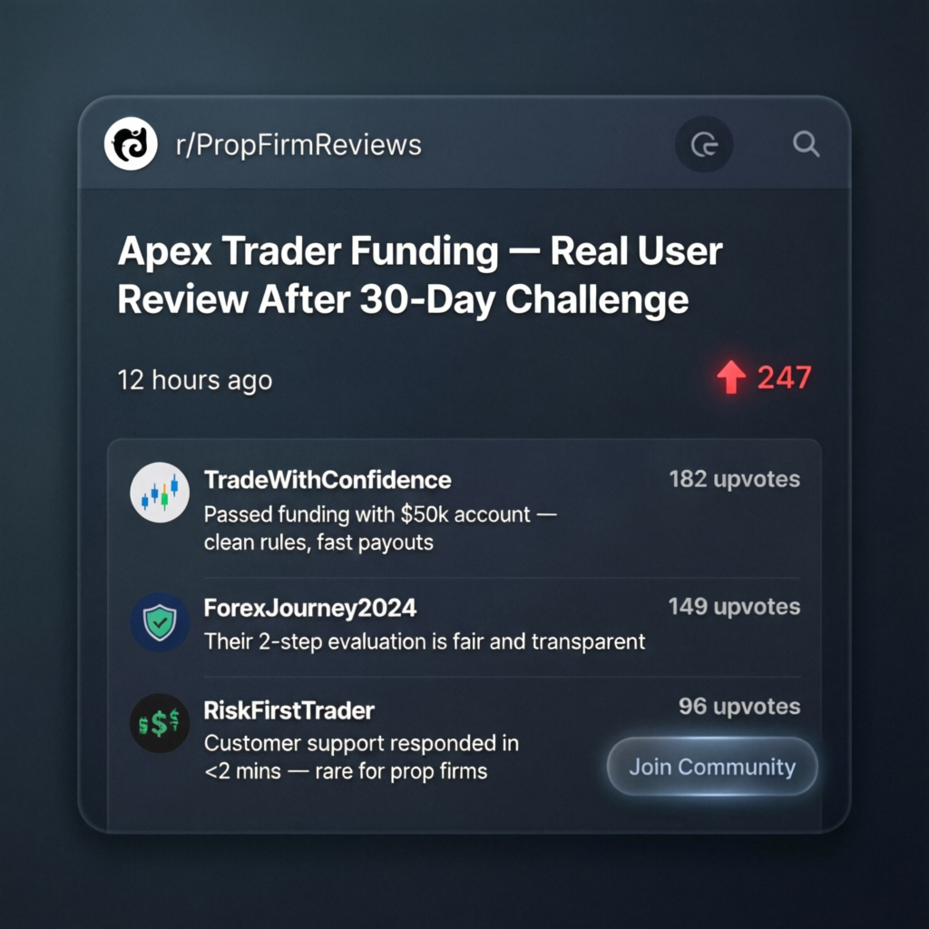 Reddit community discussion about Apex Trader Funding reviews and prop firm passing service experiences
