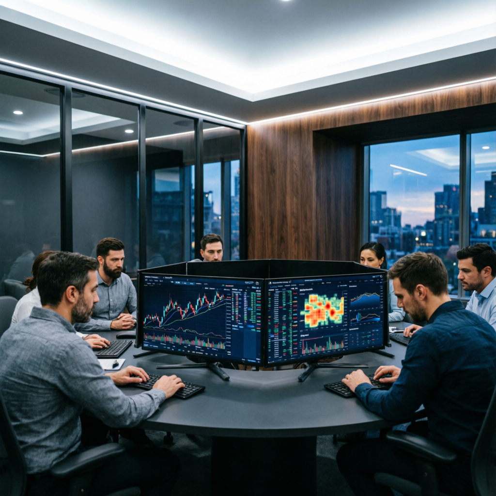 Professional trading team analyzing prop firm accounts and managing funded trader portfolios
