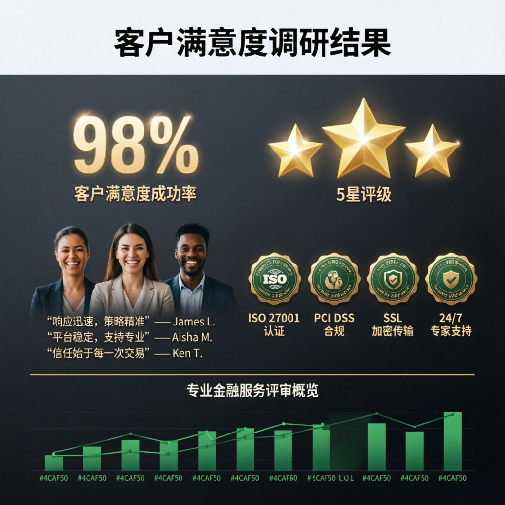 Customer satisfaction survey results showing 98% success rate and 5-star rating for prop firm passing service