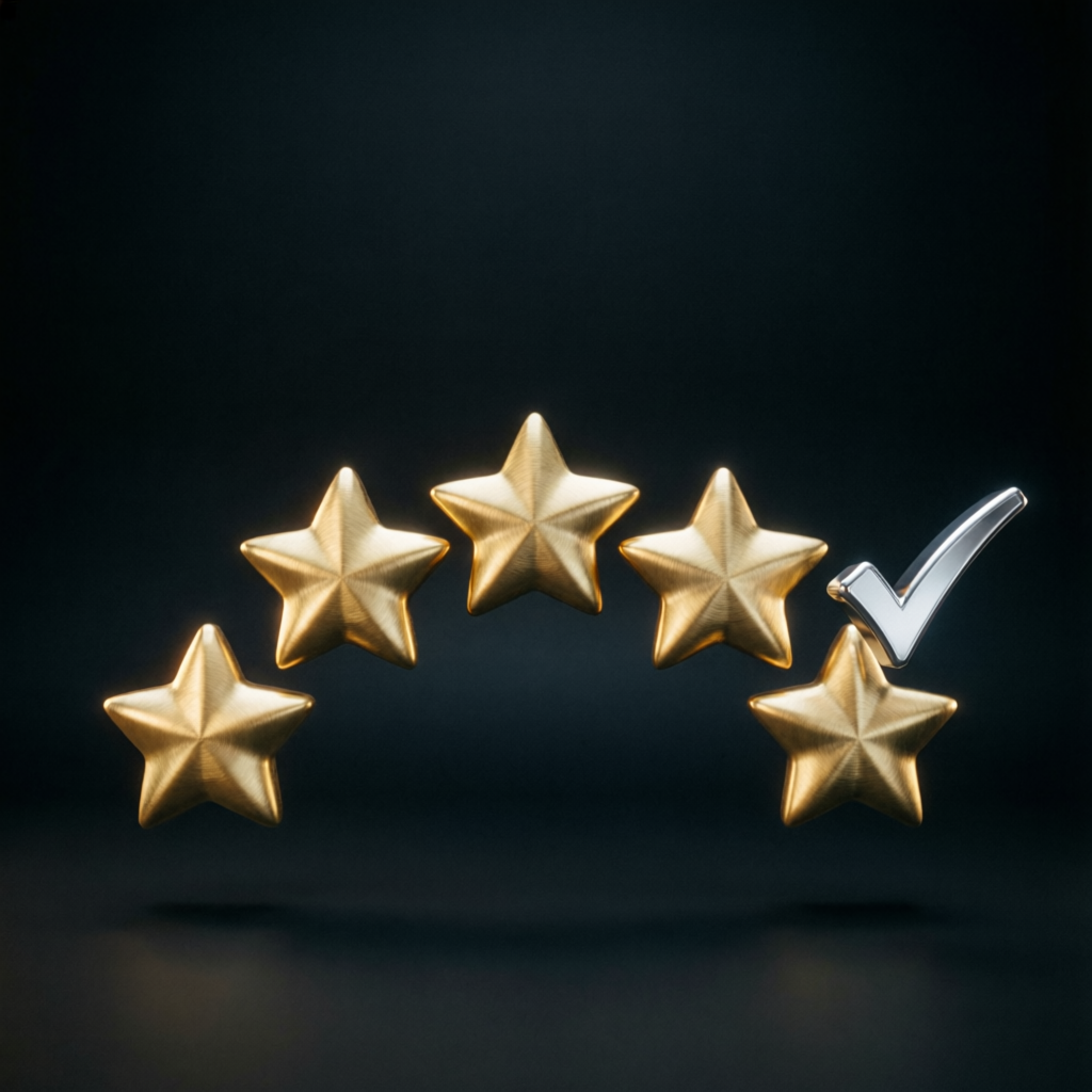 Five golden stars with verified checkmark representing excellent customer reviews and ratings