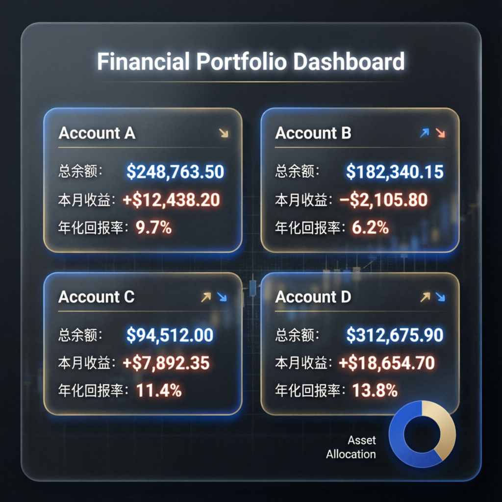 Financial portfolio dashboard showing multiple funded accounts with profits and returns