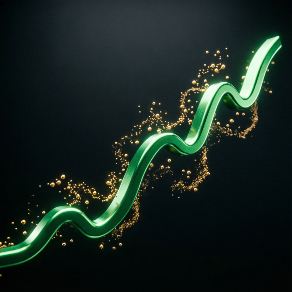 Abstract financial growth visualization with rising green chart line and golden particles
