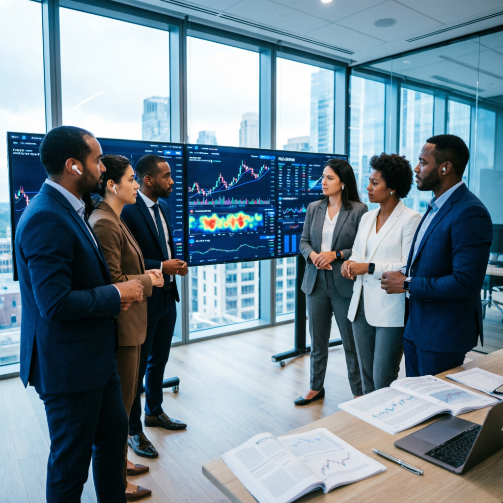 Professional trader team collaborating and reviewing trading strategies on large screens