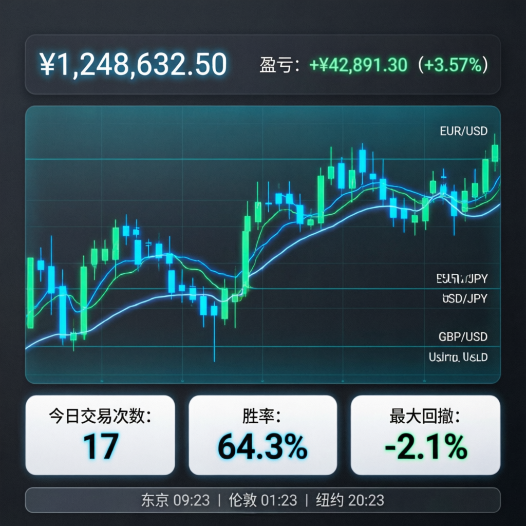 Professional trading dashboard showing live forex charts with profit indicators and account balance