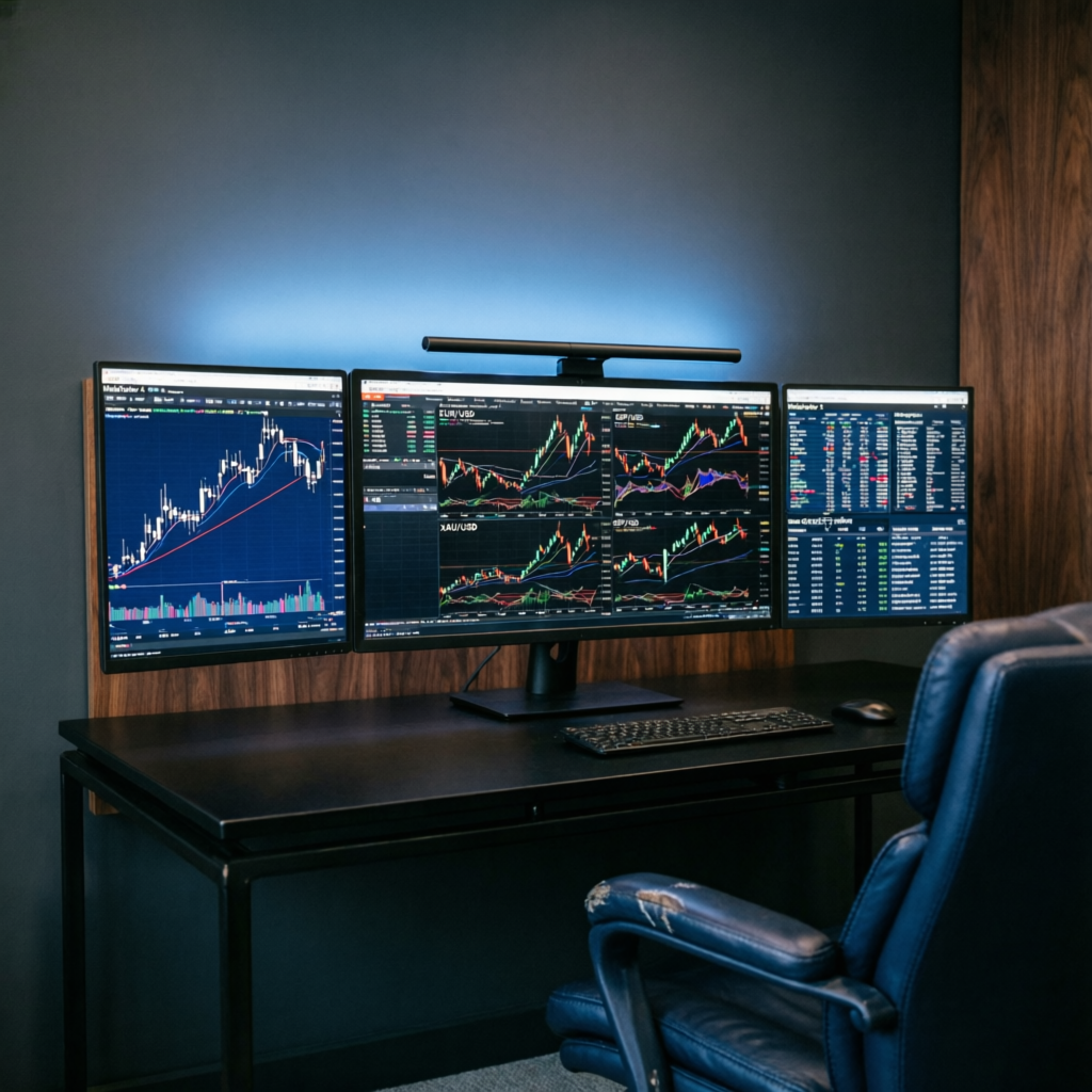 Professional forex market analysis workspace with multiple monitors showing candlestick charts and trading platforms