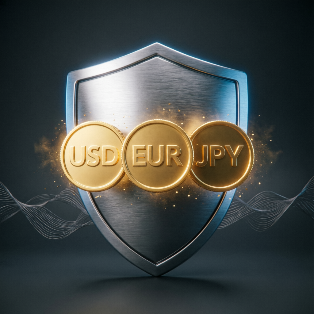 Forex risk management shield protecting USD EUR JPY currency coins