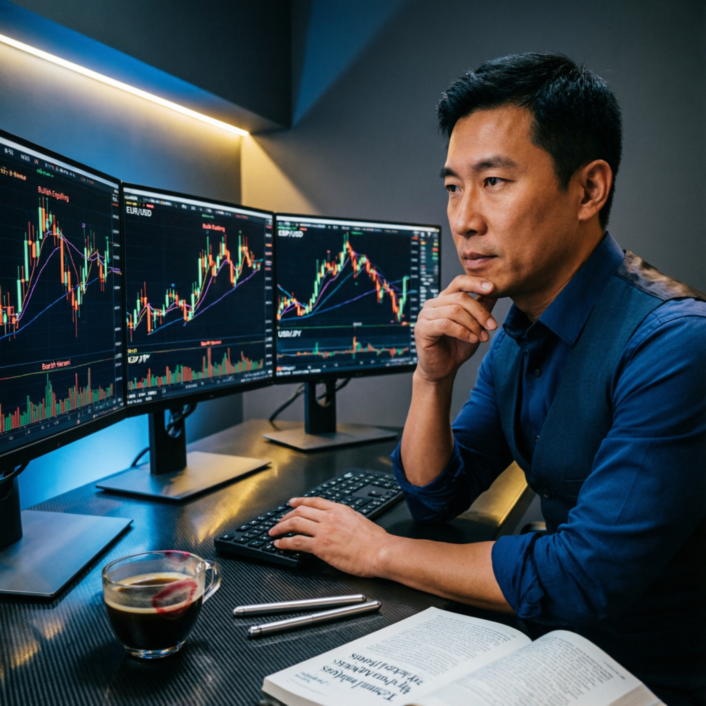 Professional forex trader analyzing live financial charts at multi-screen trading workstation
