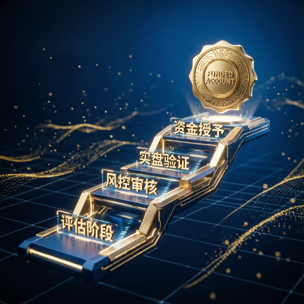 Premium prop firm trading challenge pathway concept with funded account badge