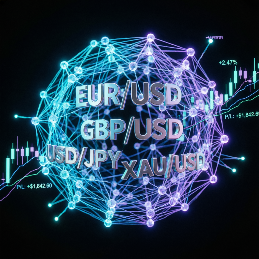 Trading algorithm and EA bot neural network visualization with forex currency pairs