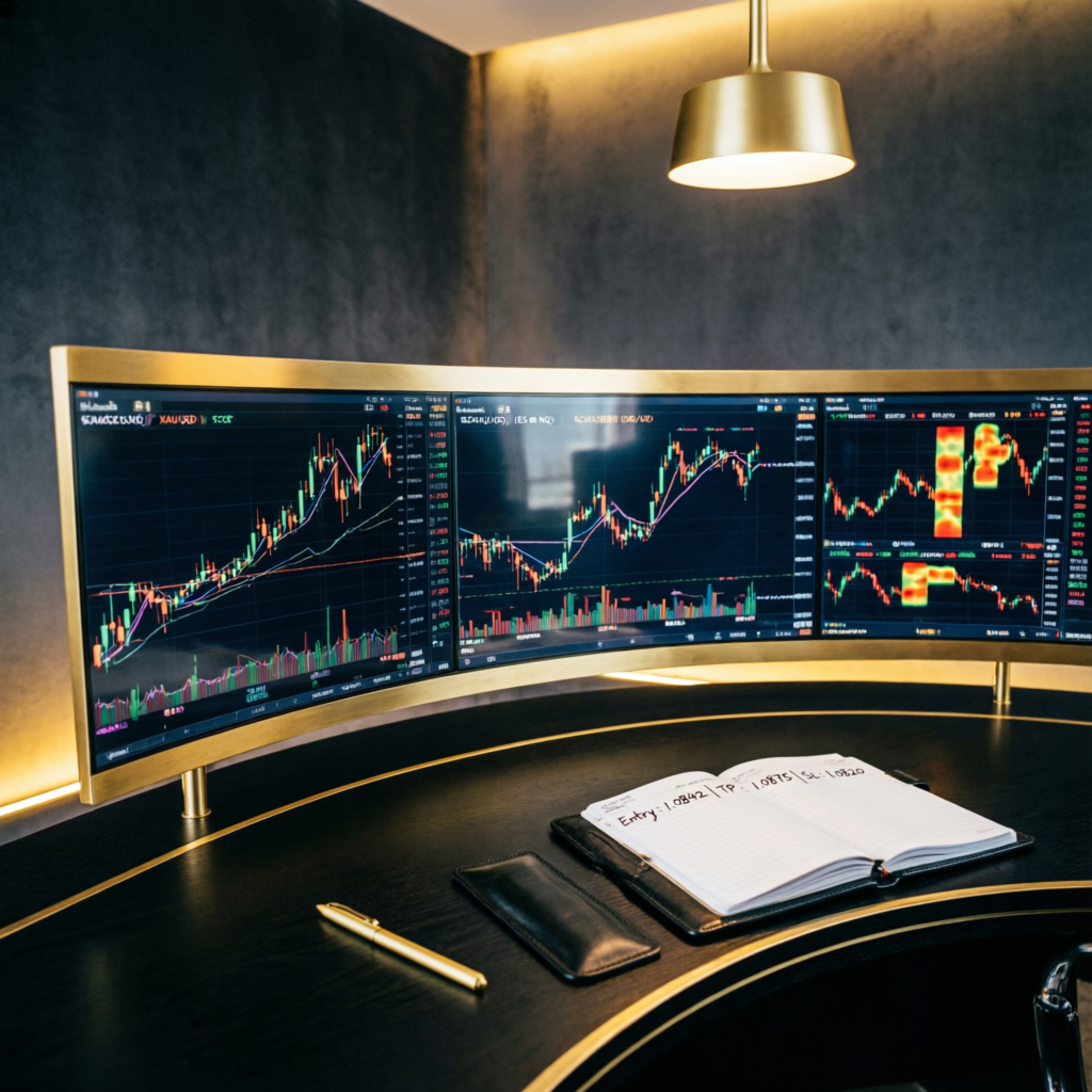Professional multi-monitor trading setup with Topstep platforms and futures charts