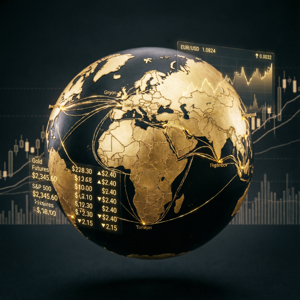 Global financial markets network showing worldwide prop firm trading coverage