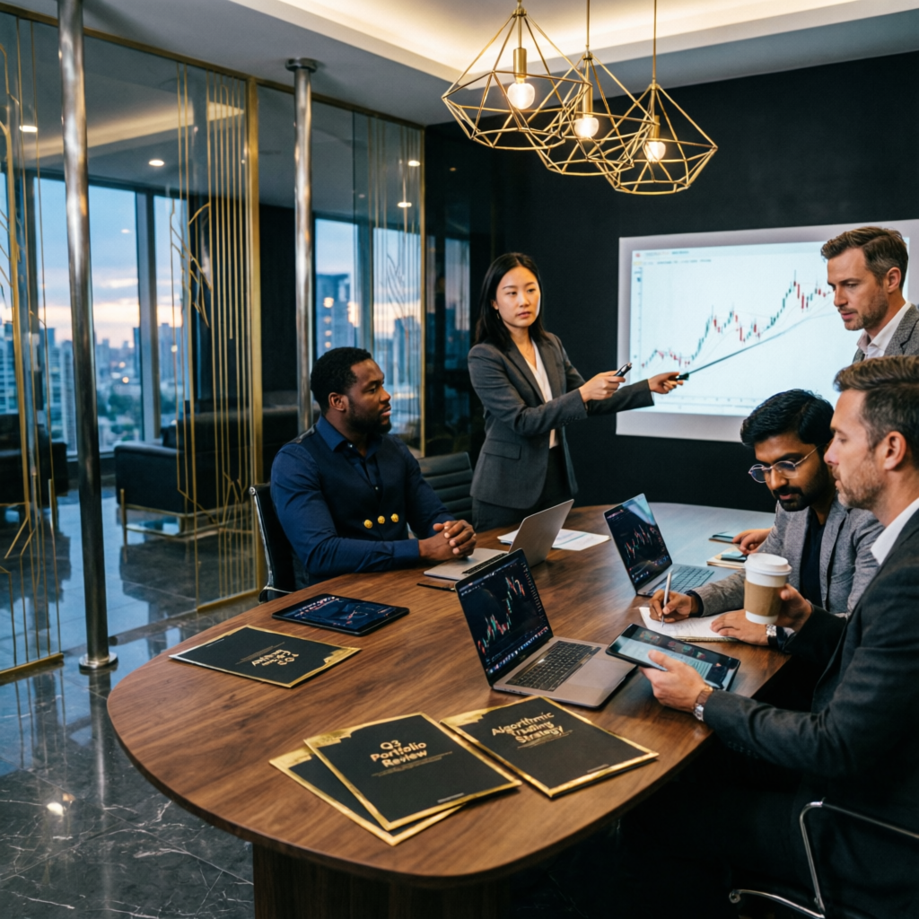 Professional trading team analyzing Topstep prop firm strategies in luxury office