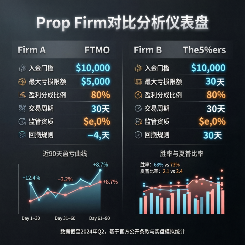 Prop firm comparison dashboard showing evaluation metrics and performance charts